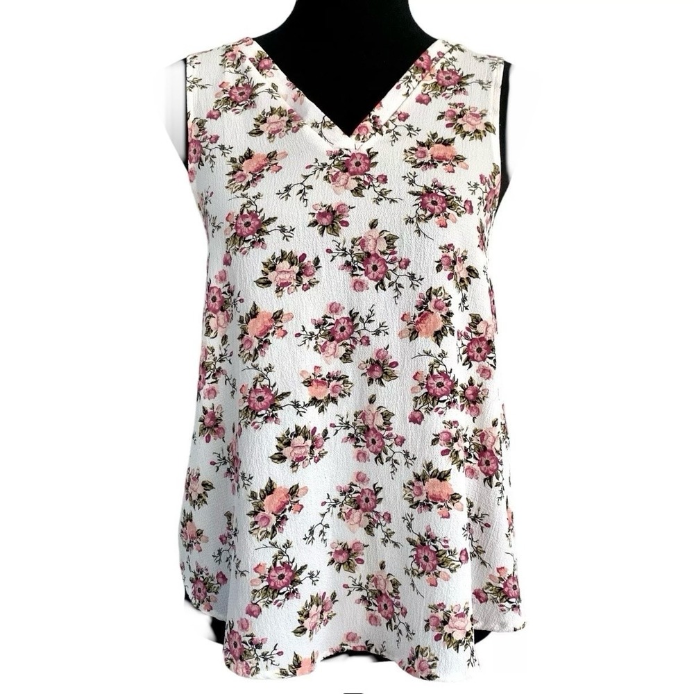 Grayson Threads Pink Rose Floral White Sleeveless Blouse Top Size XL LaceUp Back